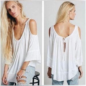 Free People Chloe Flowy Boho Cold Shoulder Top XS Oversized Hippie Gypsy Peasant
